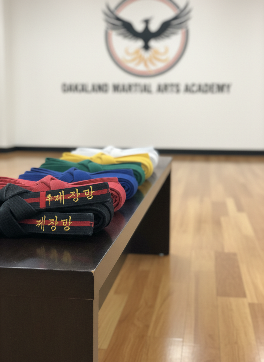 A neatly arranged row of Taekwondo black belts and colored rank belts, each meticulously folded to showcase their texture and stitching, rests on a smooth, dark wooden bench in a clean martial arts training hall. The polished hardwood floor extends into the softly blurred background, where a large Oakland Martial Arts Academy emblem hangs on a white wall. Soft, diffused daylight from high windows creates gentle reflections on the floor and subtle shadows along the belts’ edges. Photographed at eye level with a shallow depth of field, the composition feels professional, disciplined, and welcoming, embodying photographic realism with a clear, modern aesthetic suited for a nonprofit Taekwondo school.