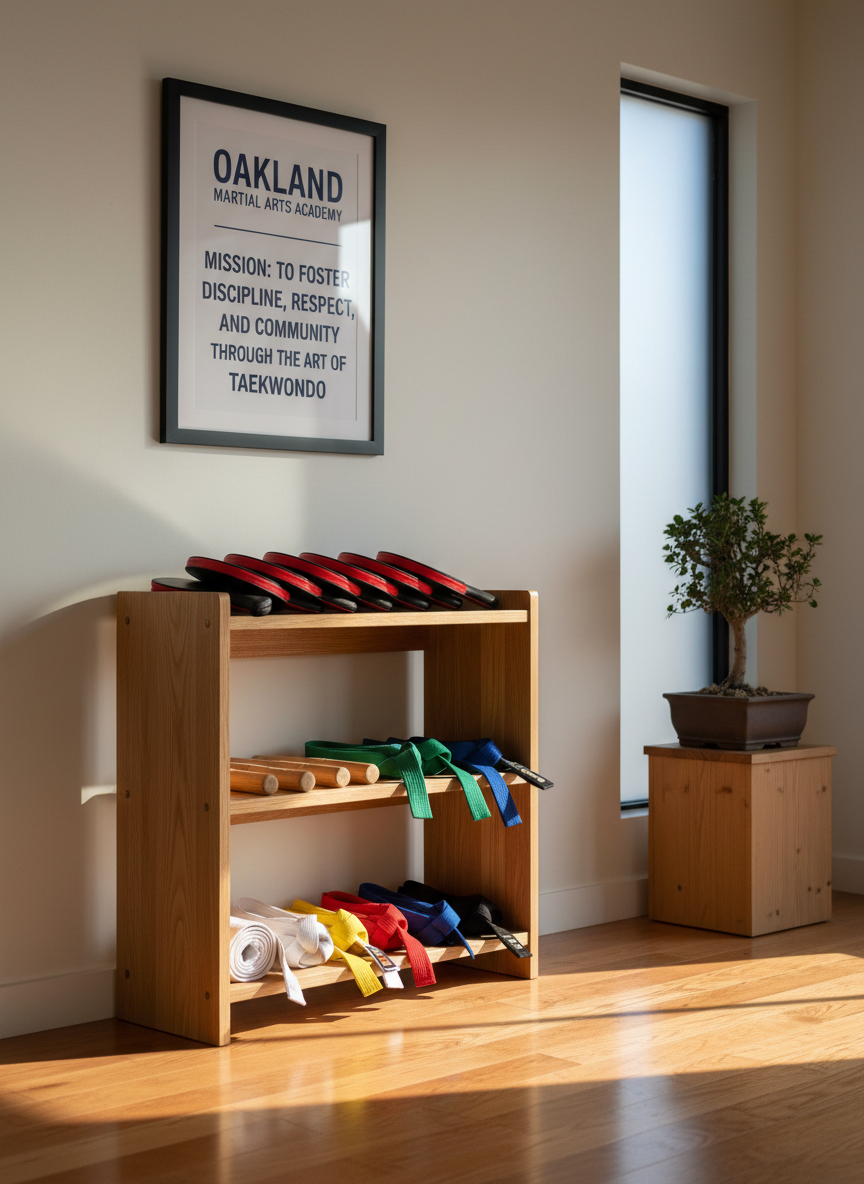 A serene corner of the dojang featuring a simple wooden rack holding several traditional Taekwondo training tools: focus paddles, short practice staffs, and neatly rolled belts. The rack stands against a smooth, off-white wall where a framed mission statement for the Oakland Martial Arts Academy hangs, its clean typography legible but not overpowering. The floor is polished hardwood, reflecting a soft sheen from late afternoon sunlight streaming through a nearby high window, casting long, gentle shadows. Captured from an eye-level, three-quarter angle with photographic realism and a balanced composition, the image conveys respect, tradition, and the disciplined yet welcoming character of a nonprofit martial arts school.